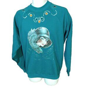 Vintage 90s Women's Sweatshirt Retro fashion 1920s 1930s Lady Hat Bling Large